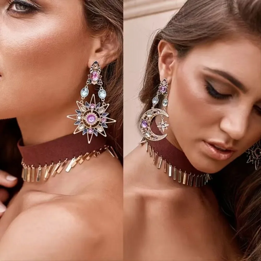 🔅🆕🔅 🌙 💜 Elegant Crystal Sun Moon Drop Long Earrings ☀️🌙✨